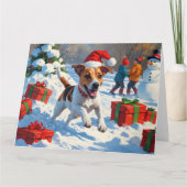 Jack Russell Rent in de Sneeuw met Kerstmuts Kaart (Voorkant)