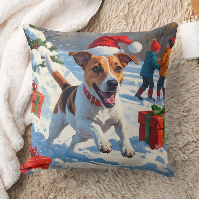 Jack Russell Rent in de Sneeuw met Kerstmuts Kussen (Deken)