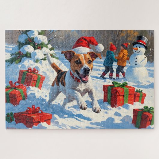 Jack Russell Rent in de Sneeuw met Kerstmuts Legpuzzel (Horizontaal)