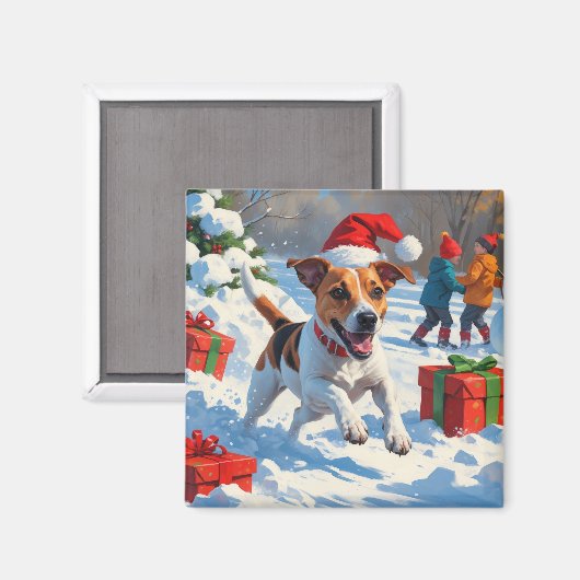 Jack Russell Rent in de Sneeuw met Kerstmuts Magneet (Voorkant / Achterkant)