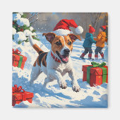 Jack Russell Rent in de Sneeuw met Kerstmuts Magneet (Voorkant)