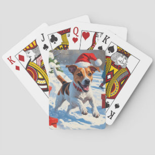 Jack Russell Rent in de Sneeuw met Kerstmuts Pokerkaarten