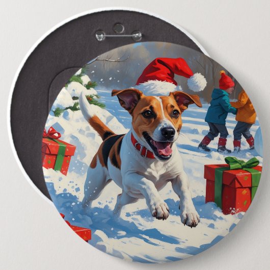 Jack Russell Rent in de Sneeuw met Kerstmuts Ronde Button 6,0 Cm (Voorkant /achterkant)