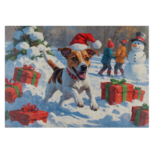 Jack Russell Rent in de Sneeuw met Kerstmuts Snijplank (Voorkant)