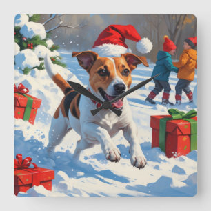 Jack Russell Rent in de Sneeuw met Kerstmuts Vierkante Klok