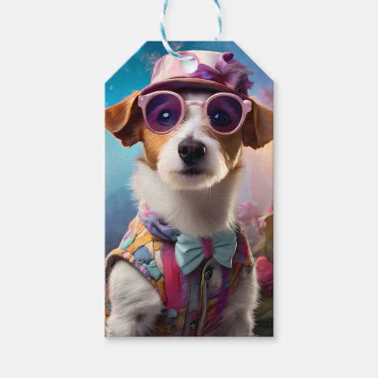 Jack Russell, roze bril en roze pet Cadeaulabel (Voorkant)