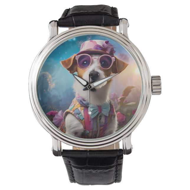 Jack Russell, roze bril en roze pet Horloge (Voorkant)