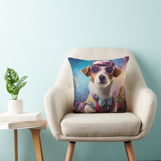 Jack Russell, roze bril en roze pet Kussen (Stoel)