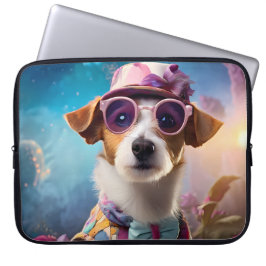 Jack Russell, roze bril en roze pet Laptop Sleeve