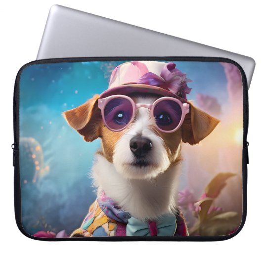 Jack Russell, roze bril en roze pet Laptop Sleeve (Voorkant)