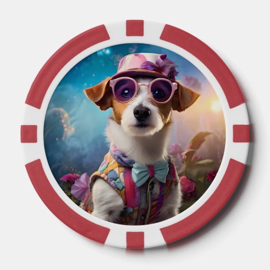 Jack Russell, roze bril en roze pet Poker Chips (Voorkant)