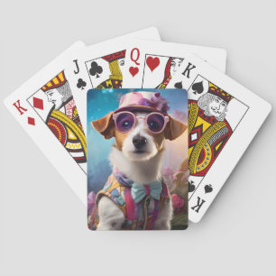 Jack Russell, roze bril en roze pet Pokerkaarten
