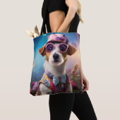 Jack Russell, roze bril en roze pet Tote Bag (Dichtbij)