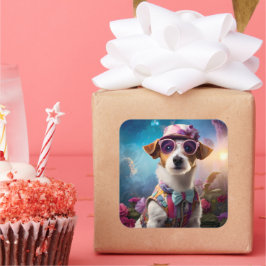 Jack Russell, roze bril en roze pet Vierkante Sticker