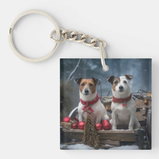 Jack Russell Sneeuw Sleebal Kerst Decoratie Sleutelhanger (Voorkant)