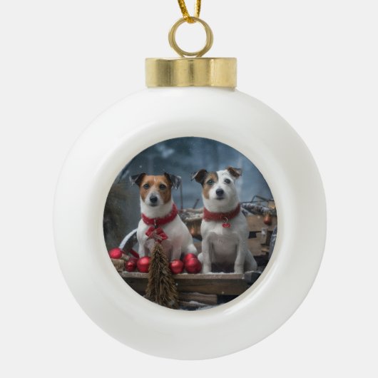 Jack Russell Sneeuw Sleebellen Kerst Decoratie (Voorkant)