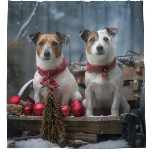Jack Russell Snowy Sleigh Kerstdecoratie Douchegordijn (Voorkant)