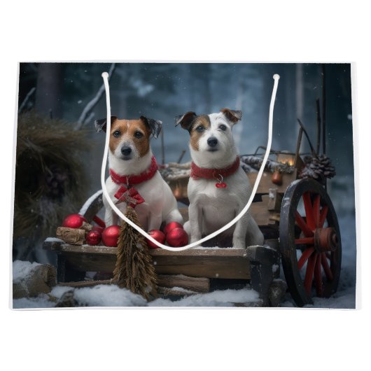 Jack Russell Snowy Sleigh Kerstdecoratie Groot Cadeauzakje (Voorkant)