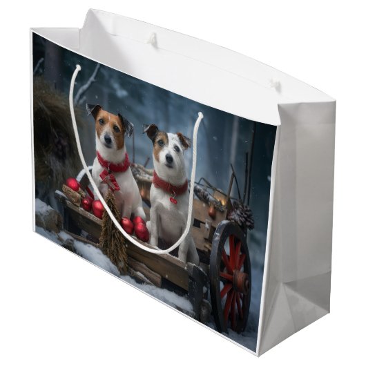 Jack Russell Snowy Sleigh Kerstdecoratie Groot Cadeauzakje (Achterkant Gekanteld)