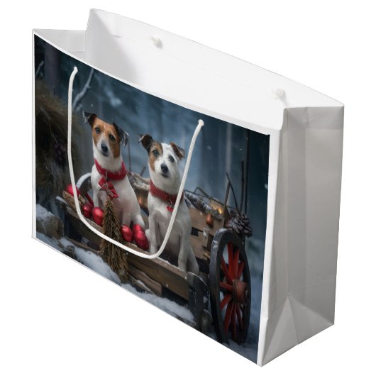 Jack Russell Snowy Sleigh Kerstdecoratie Groot Cadeauzakje (Voorkant Gekanteld)