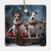 Jack Russell Snowy Sleigh Kerstdecoratie Keramisch Ornament (Voorkant)