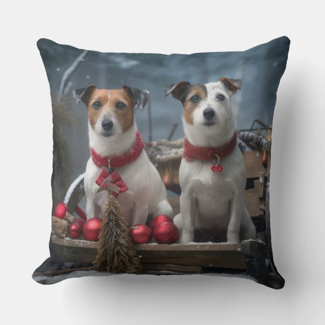 Jack Russell Snowy Sleigh Kerstdecoratie Kussen (Voorkant)