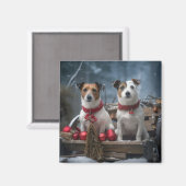 Jack Russell Snowy Sleigh Kerstdecoratie Magneet (Voorkant / Achterkant)