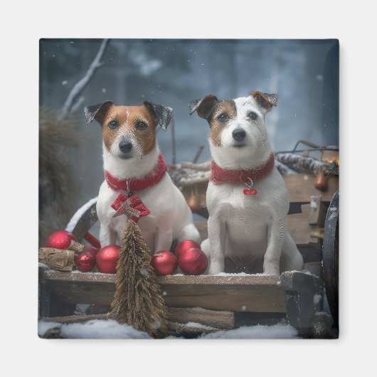 Jack Russell Snowy Sleigh Kerstdecoratie Magneet (Voorkant)
