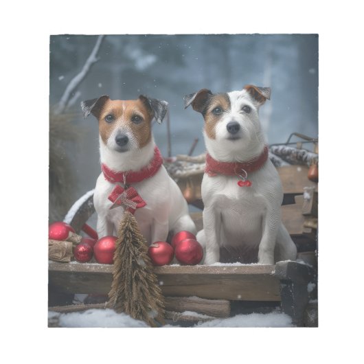 Jack Russell Snowy Sleigh Kerstdecoratie Notitieblok (Voorkant)