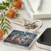 Jack Russell Snowy Sleigh Kerstdecoratie Sleutelhanger (Voorkant Rechts)