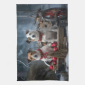 Jack Russell Snowy Sleigh Kerstdecoratie Theedoek (Verticaal)