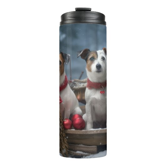Jack Russell Snowy Sleigh Kerstdecoratie Thermosbeker (Voorkant)