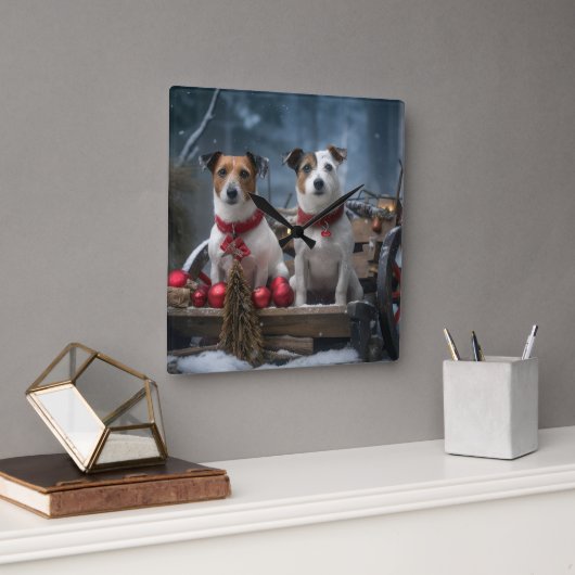 Jack Russell Snowy Sleigh Kerstdecoratie Vierkante Klok (Kantoor)
