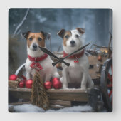 Jack Russell Snowy Sleigh Kerstdecoratie Vierkante Klok (Voorkant)