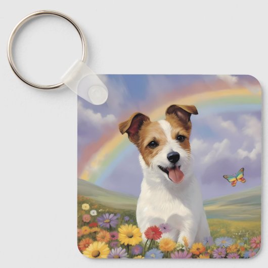 Jack Russell Terrier Aangepaste Naam Regenboog Vli Sleutelhanger (Voorkant)