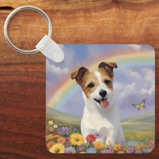 Jack Russell Terrier Aangepaste Naam Regenboog Vli Sleutelhanger (Voorkant)