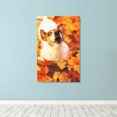 Jack Russell Terrier blaast en springt, herfst Canvas Afdruk (Insitu (Houten vloer))