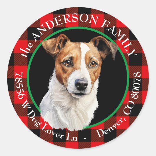 Jack Russell Terrier Buffalo Plaid Retouradres Ronde Sticker (Voorkant)