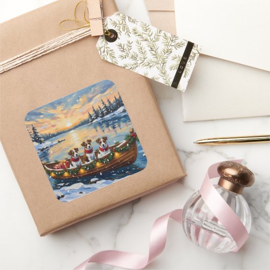 Jack Russell Terrier Christmas Boat Holiday Vierkante Sticker (Geschenken)