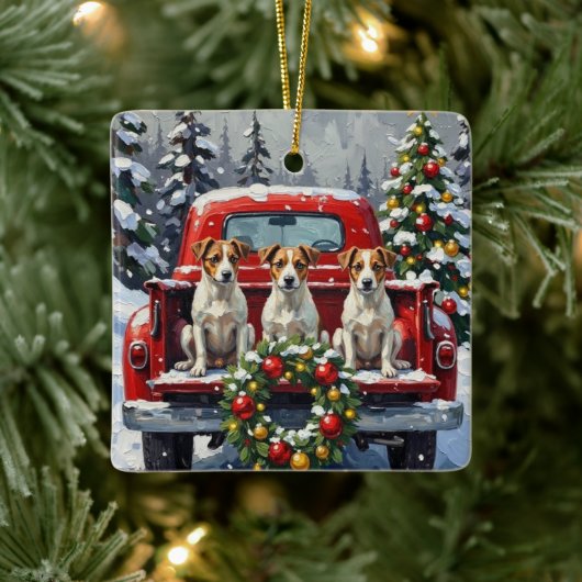 Jack Russell Terrier Christmas Red Truck Holiday Keramisch Ornament (Boom)