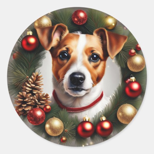 Jack Russell Terrier Christmas Ronde Sticker (Voorkant)