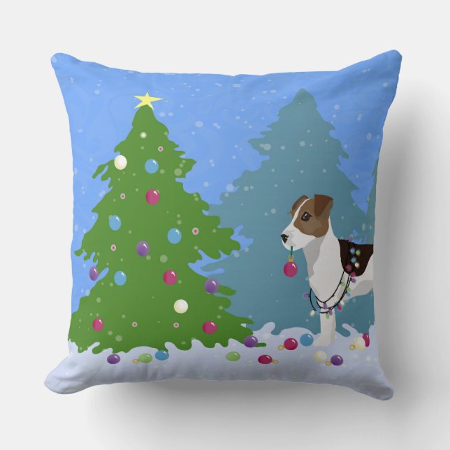 Jack Russell Terrier die kerstboom decorteert Kussen (Voorkant)