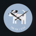 Jack Russell Terrier Dog - aangepaste tekst Ronde Klok<br><div class="desc">Een schattige Jack Russell of Parson Terrier-hond op een blauwe achtergrond.
Ideaal voor je favoriete hond moeder of hondenvader.
De tekst leest "tijd voor een wandeling".  Verander of verwijder de tekst om aan te passen.</div>