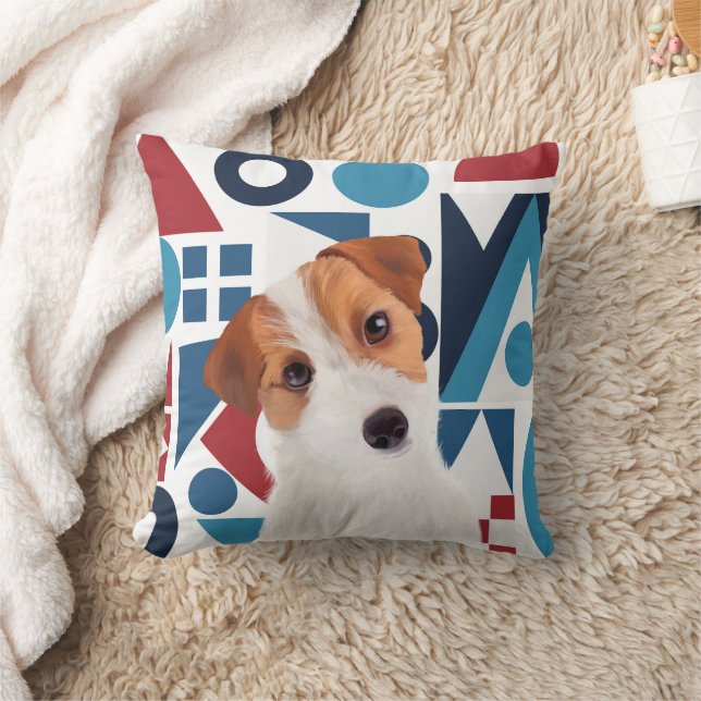 Jack Russell Terrier Dog Blue en Red Geometric Kussen (Deken)