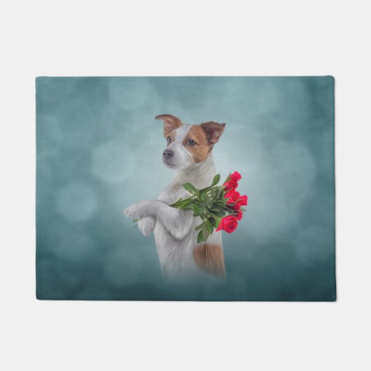 Jack Russell Terrier dog houdt een bloemenpak vast Deurmat (Voorkant)