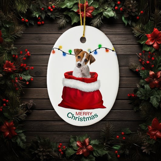 Jack Russell Terrier Dog in Holiday Gift Bag Keramisch Ornament