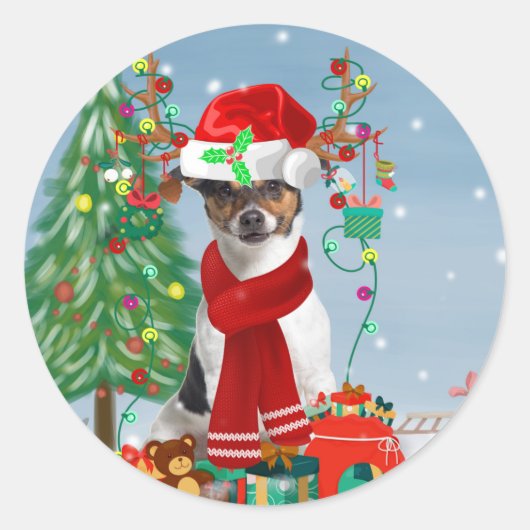 Jack Russell Terrier Dog in Snow-kerstcadeaus Ronde Sticker (Voorkant)