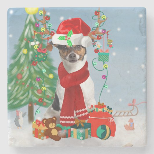 Jack Russell Terrier Dog in Snow-kerstcadeaus Stenen Onderzetter (Voorkant)
