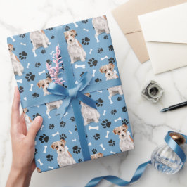 Jack Russell Terrier Dog Paw Print Pattern op Blue Cadeaupapier
