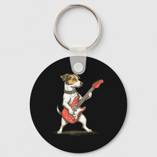 Jack Russell Terrier Dog Playing Guitar Rocker Gui Sleutelhanger (Voorkant)